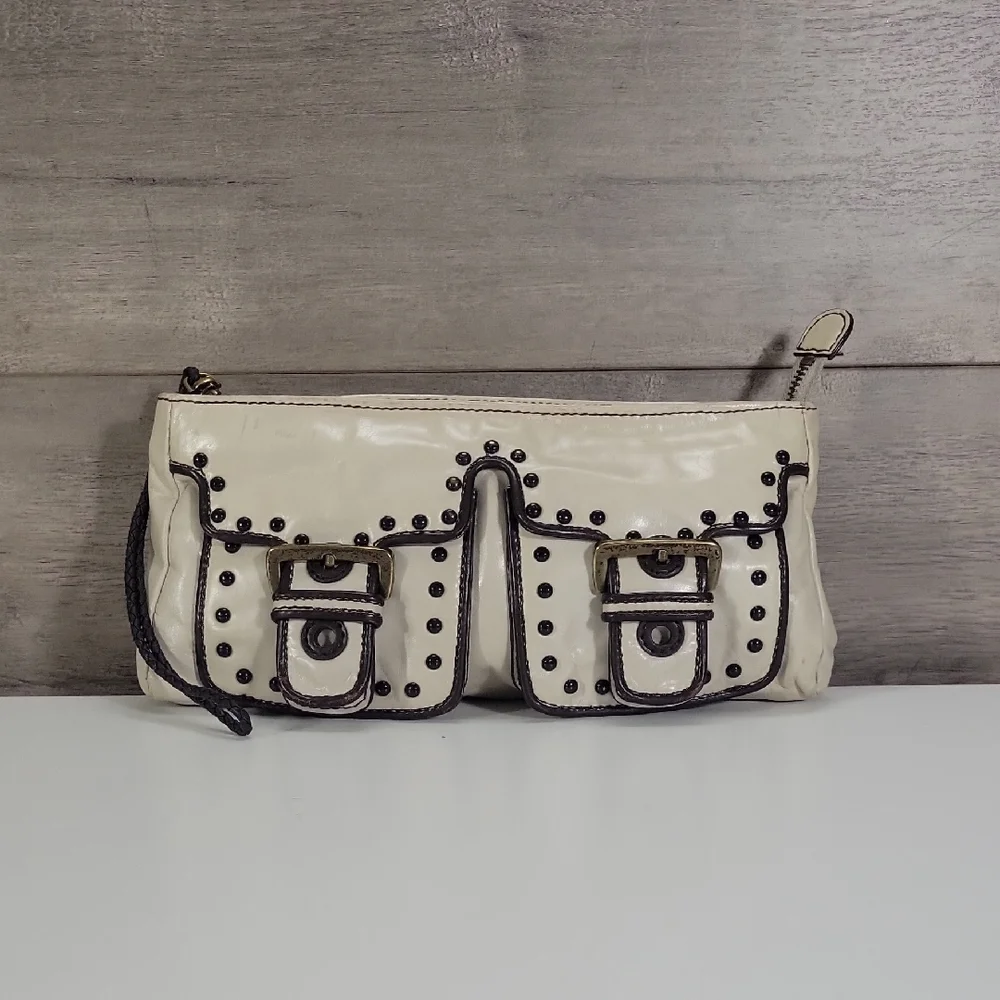 Kate Landry Cream Studded Double-Pocket Wristlet Clutch Bag